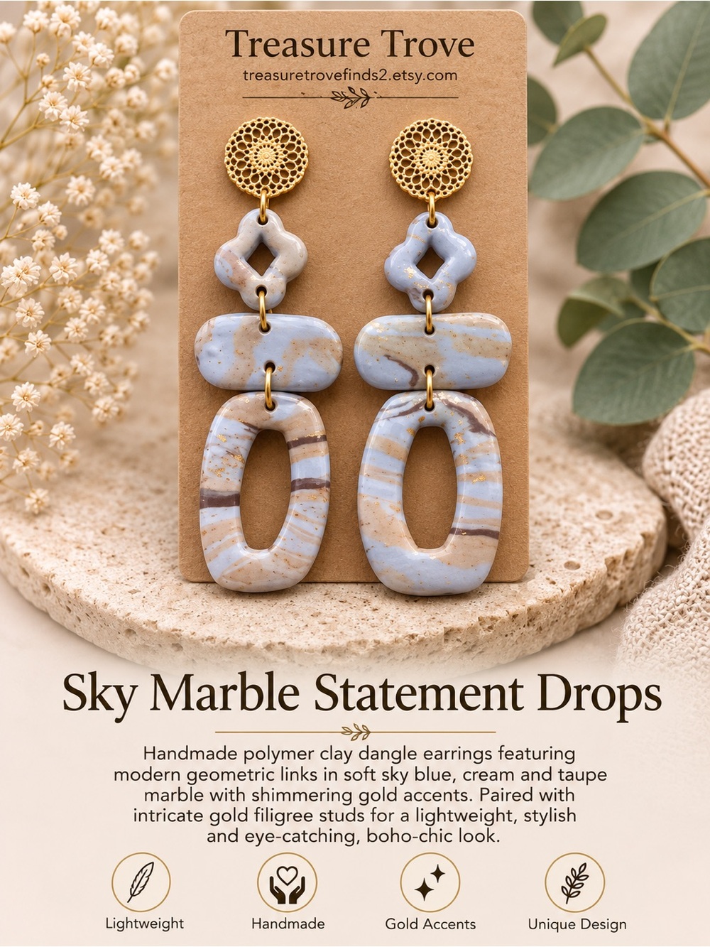 Treasure Trove Sky Marble Dangle Earrings – Blue Cream Taupe